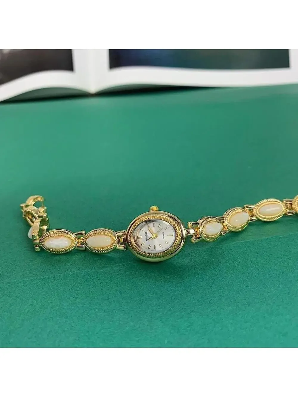 Y2k style Dainty cute Gold style tone quartz watch with white jade stone opal